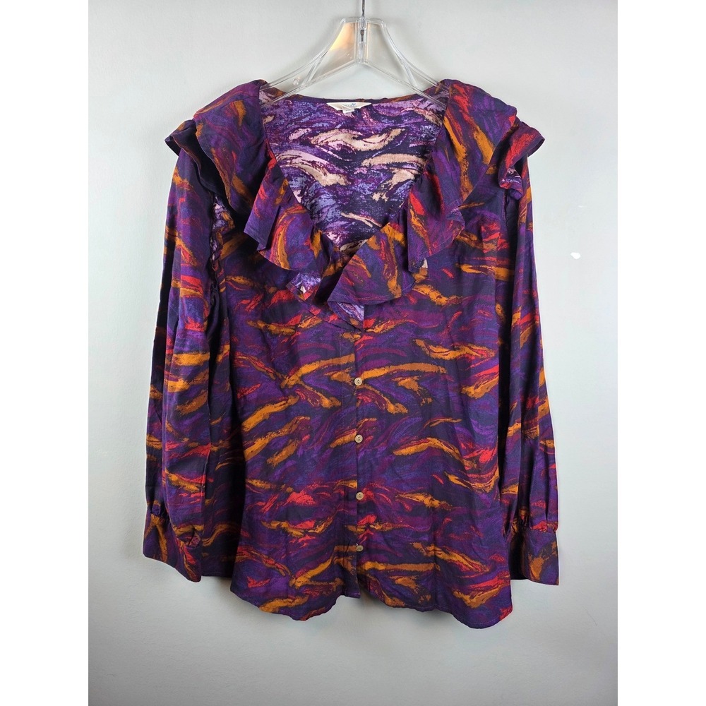Terra Sky Women Sz 1X Ruffle Front Long‎ Sleeve Button Up Geometric Art to Wear